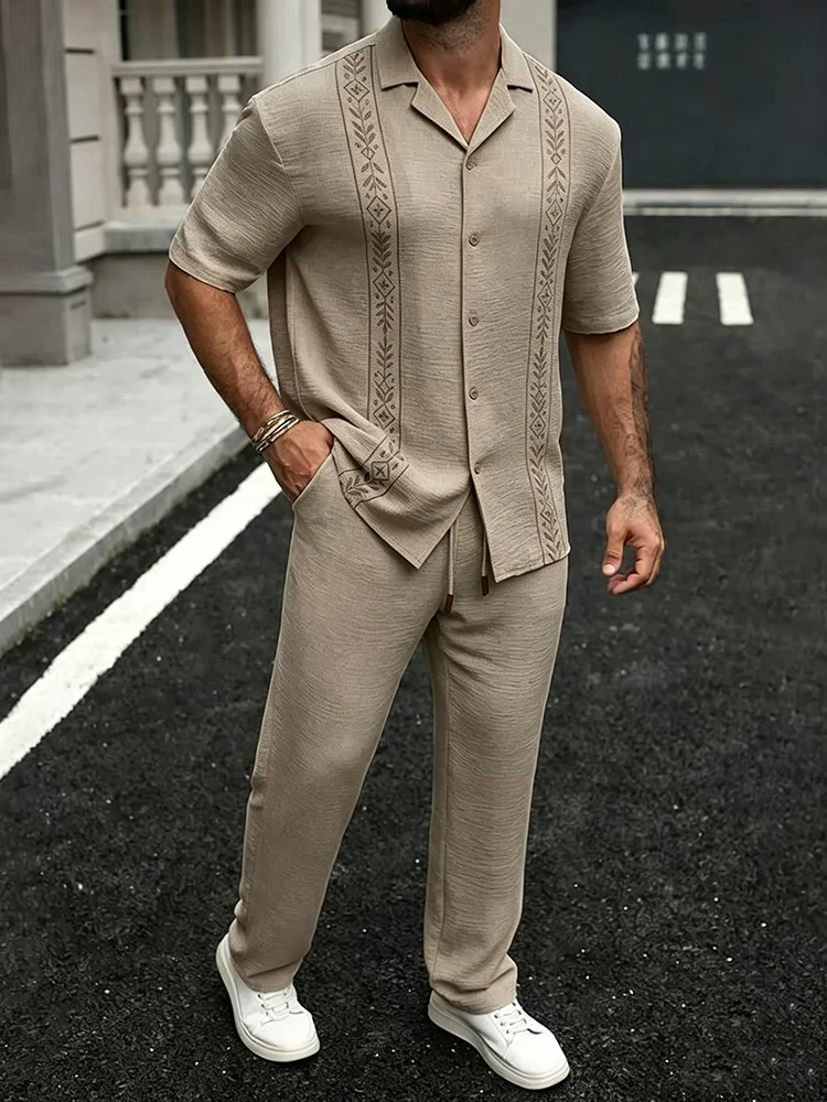 2026 Summer Mens Casual Outfits Short Sleeve Buttoned Lapel Shirt And Pants Men Two Piece Suits Vintage Printed Loose Sets