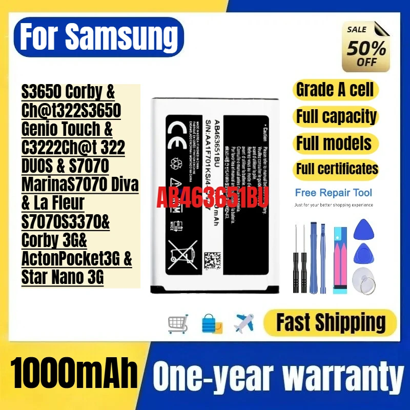 AB463651BU for Samsung for S559/C6112/S5628/i/S3650 Corby/Ch@t322/S3650 Genio Touch/C3222/Ch@t 322 DUOS/S7070 Phone Battery
