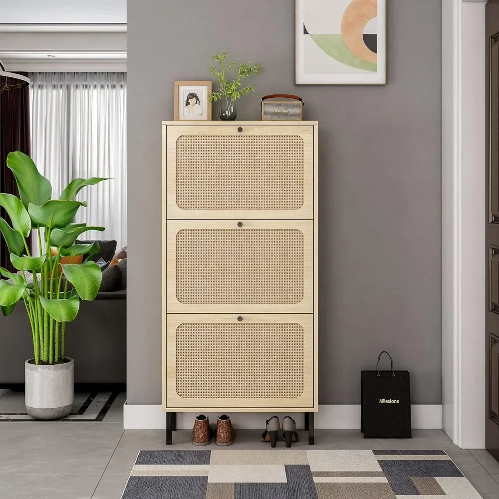 Natural Rattan Cabinet with 3 Flip Drawers, Free Standing Modern 3-Tier Shoe Storage Rack for Heels, Slippers