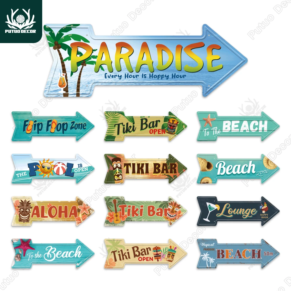 

Putuo Decor Beach Arrow Metal Plaque Signs Road Guide Tin Hanging Plate Seaside Wall Art Decoration for Livingroom Tiki Bar Home