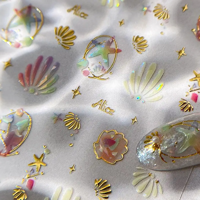Urocze naklejki na paznokcie, ozdoby do paznokci, złote naklejki 5D z podwójną warstwą, muszelki, rozgwiazdy, naklejki do zdobienia paznokci, dekoracje do paznokci, akcesoria do paznokci.