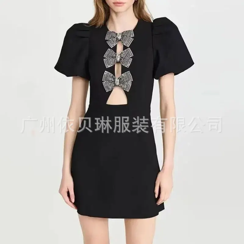 Hollow Bowdress For Women Street Y2k Round Neck Puff Sleeve Tight Dress Women Party Elegant Sexy Slim Evening Dress For Women