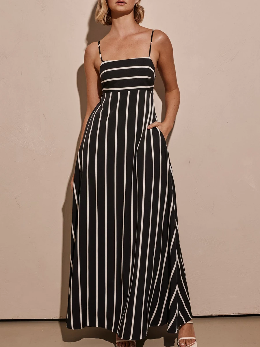 New Women Spaghetti Strap Sleeveless Dress Summer Striped Print A-Line Party Dress For Vacation Cocktail Beach Streetwear S M L