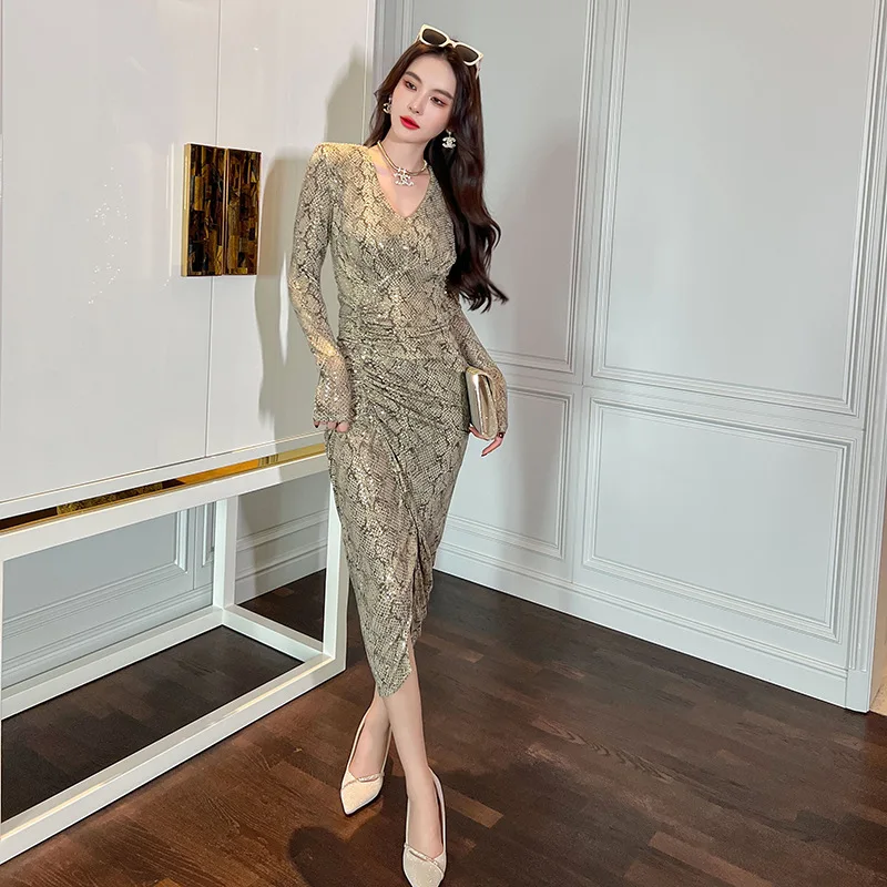 

2023 Autumn High End Women Dress Elegant Ladies V Neck Sexy Party Dress Snake Print Draped Split Slim Bodycon Dresses Vestidos