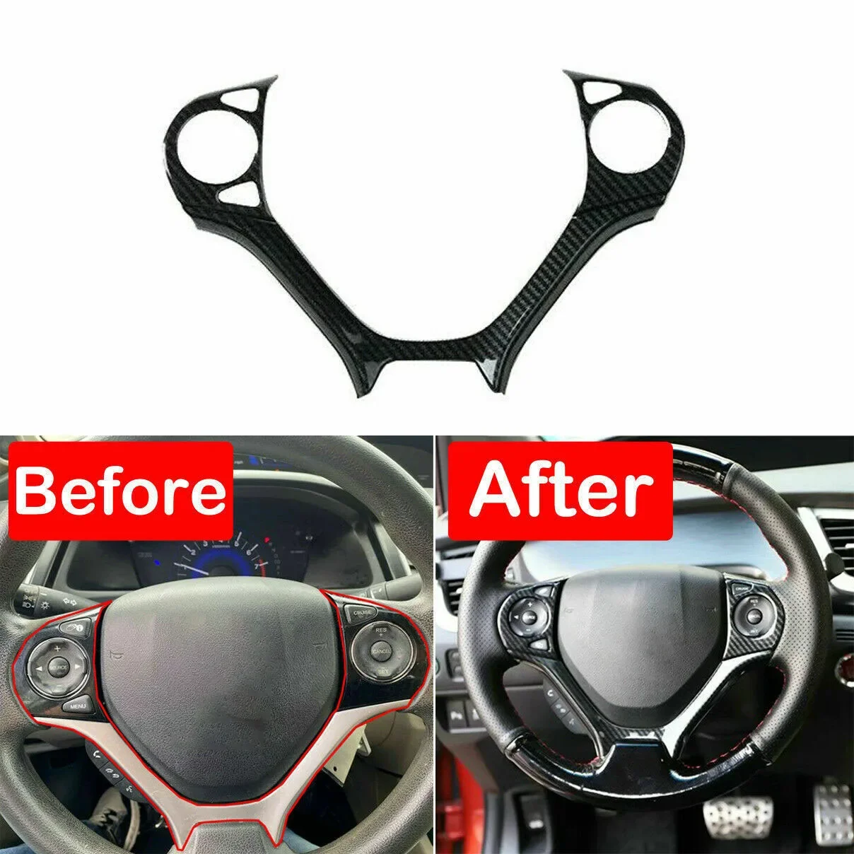 For Honda Civic 9th 2012 2013 2014 2015 Carbon Fiber Styling Car Interior Steering Wheel Trim Cover Button Switch Molding Auto