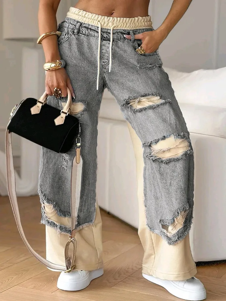 

High Waist Denim Jeans Women's Street Sle Torn Splicing Long Pants Autumn New Faion Casual Pants Polyester Fiber
