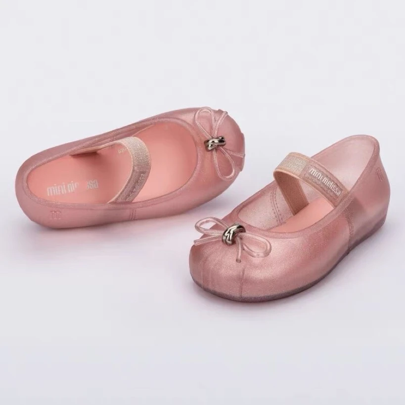 Mini Melissa Brand Children\'s Jelly Shoes Autumn Baby Kids Thin Bow Ballet Flat Shoes Girls Non-slip Soft Sole Beach Shoes