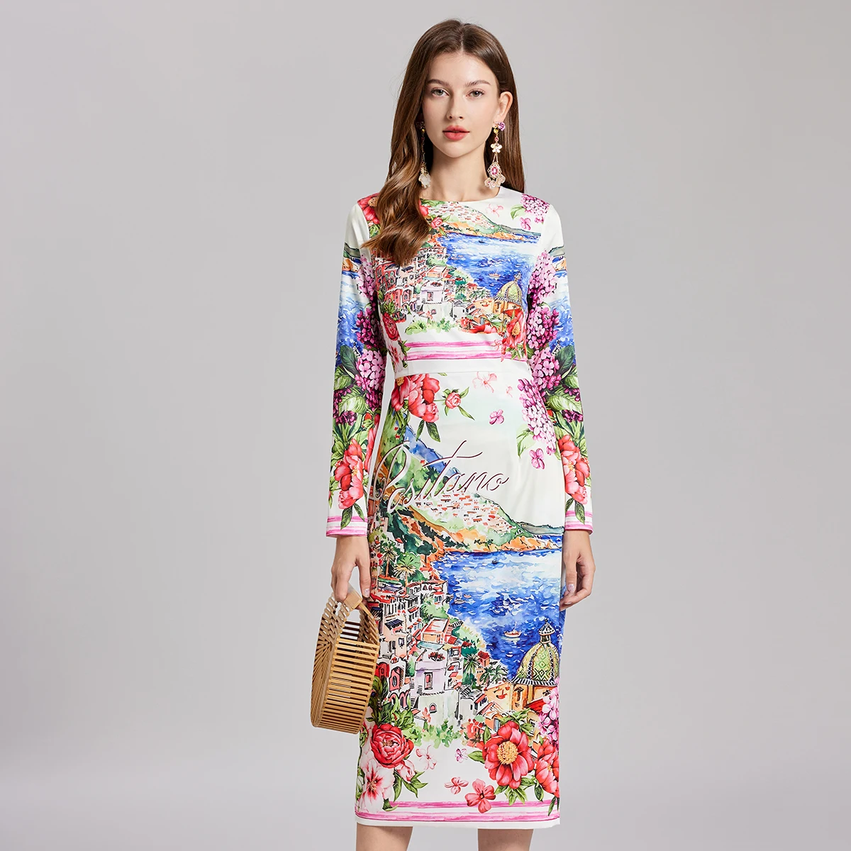 Brand Designer Autumn Long Sleeve Floral Midi Pencil Dress Women Elegant Sheath Bodycon Seaside City Print Flower Party Vestidos