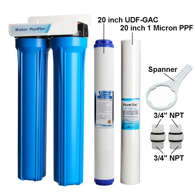 20 Inch 2 Level Water Filter Explosion-Proof Water Purifier Filter Bottle With 20UDF-GAC-1 Micron PPF All Fittings And Spanner