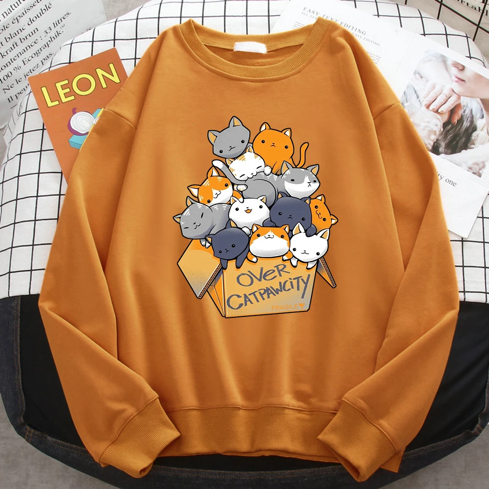 Autumn Casual Woman Pullover Many Cats Gathered In Printing Hoodies Comfortable Fleece Sweatshirt Crewneck Loose Female Clothes