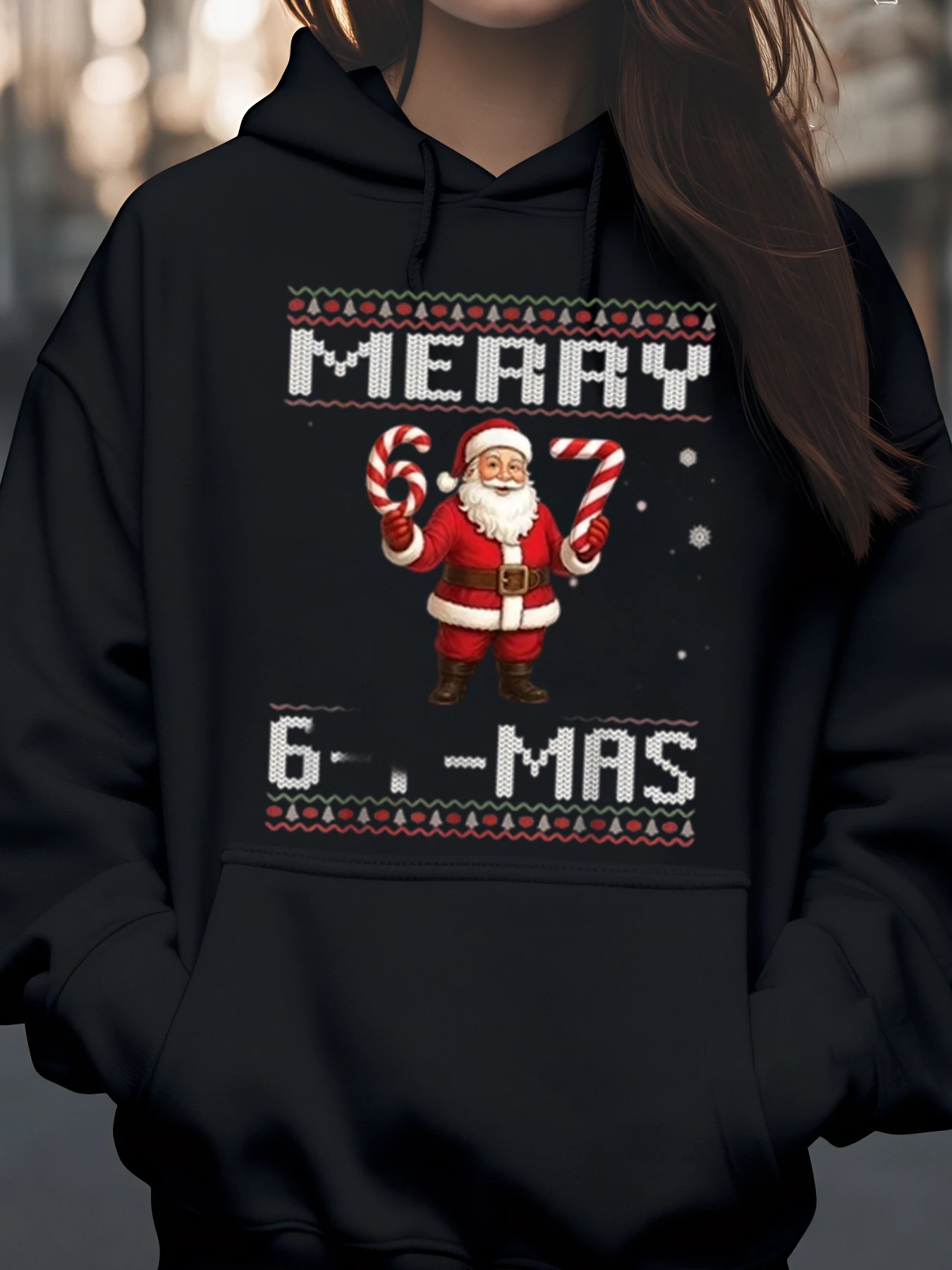 Merry Christmas Santa Candy Cane Print Hoodie Holiday Wear Unisex
