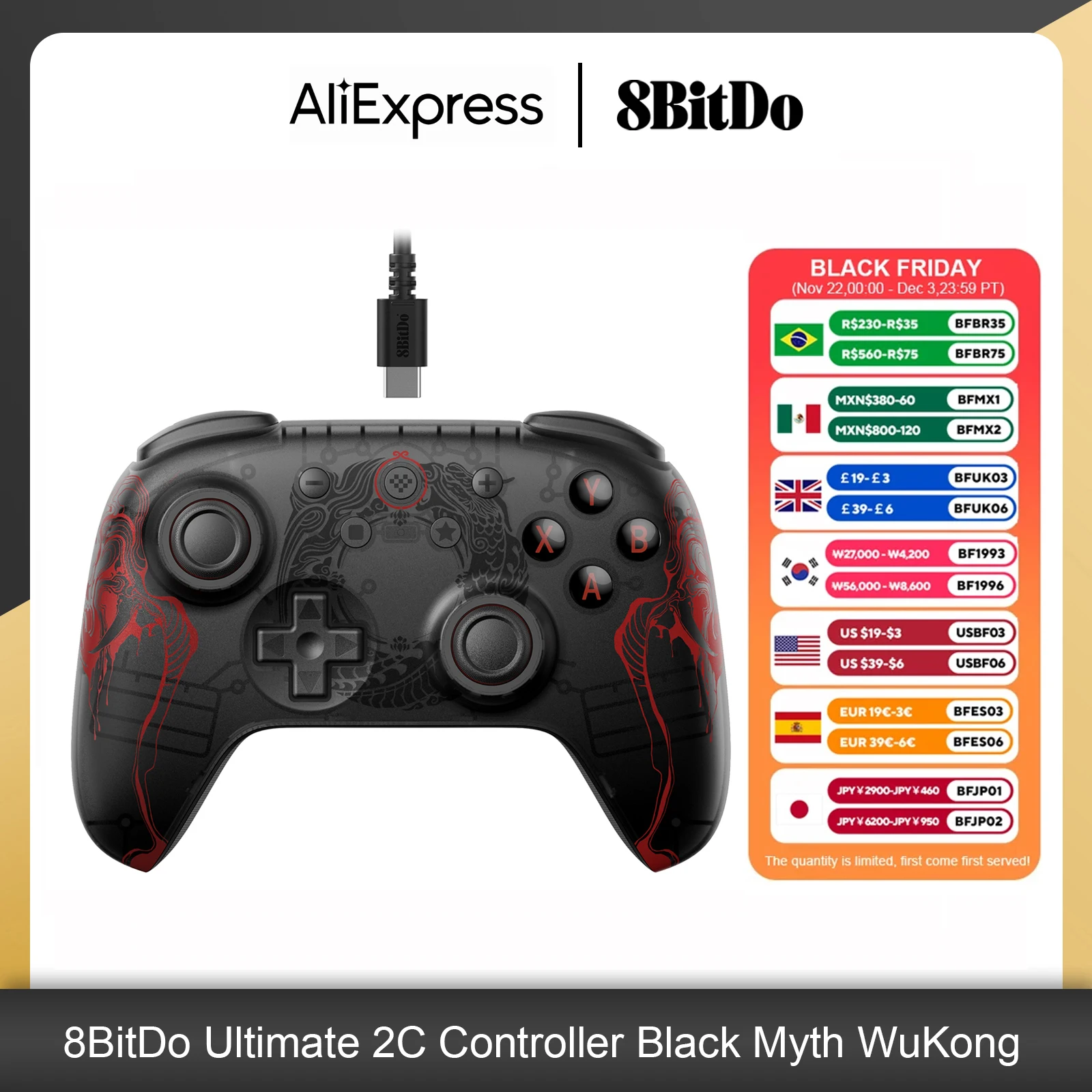 8BitDo Ultimate 2C Wireless Game Controller Wired Gamepad Black Myth WuKong with Hall Effect Joystick for Windows 10/11 Android