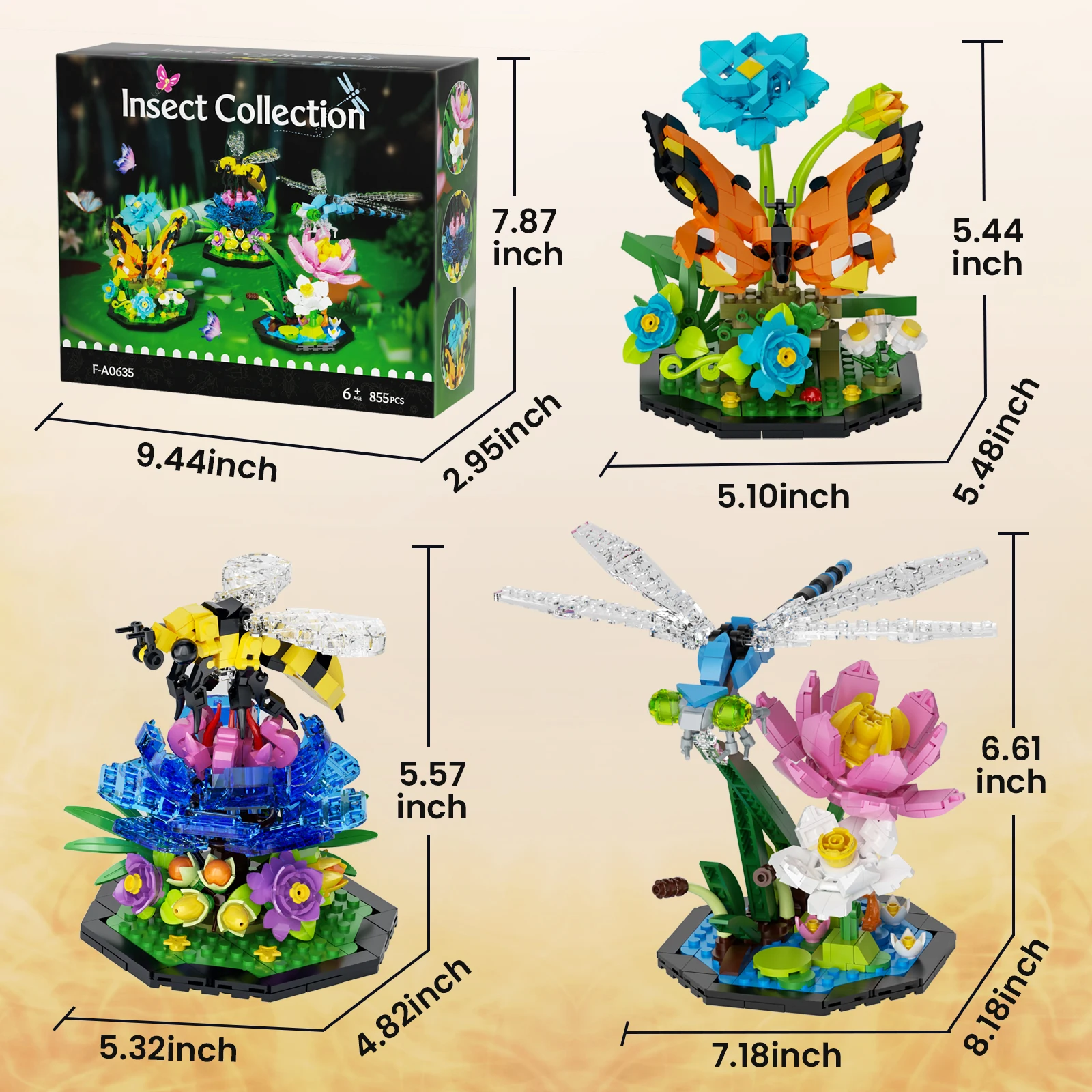 855PCS Ideas Insect Collection Building Set Butterfly Dragonfly Bee Display Models for Botanicals Lovers for Halloween Christmas