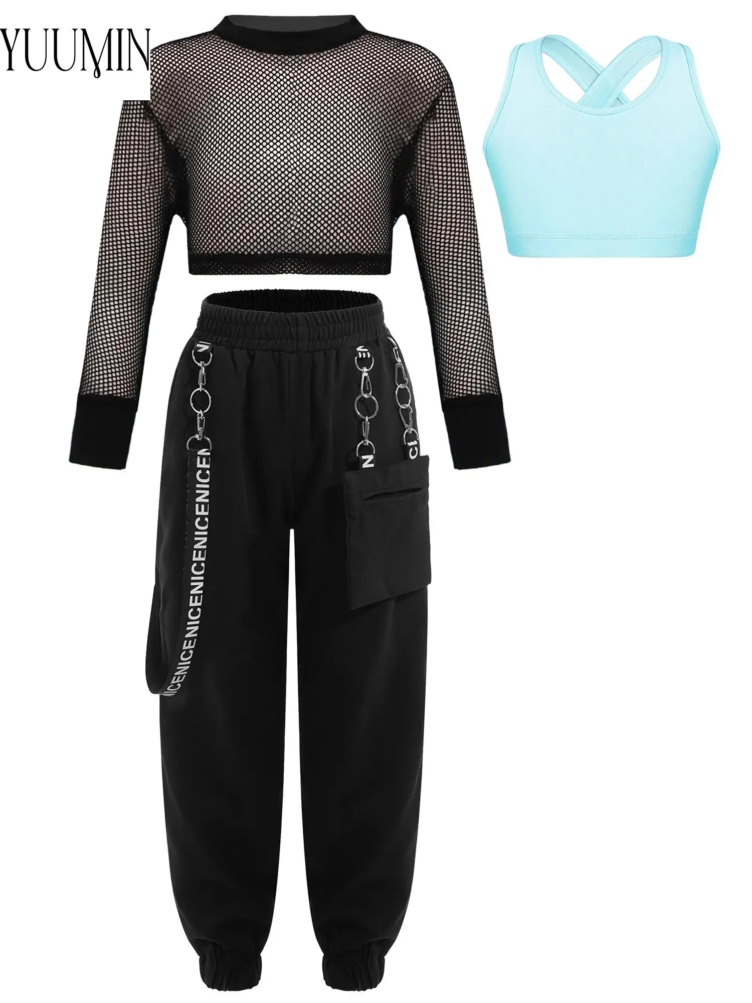 kids-girls-hip-hop-jazz-mesh-long-sleeve-crop-top-with-cargo-pants-shiny-sequins-vest-for-workout-performance