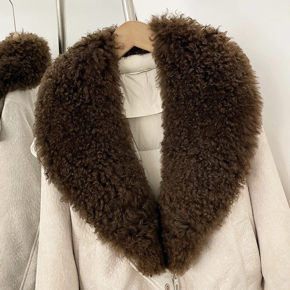 OFTBUY Echter Lammfellkragen Warmer Dicker Puffermantel Kurze Reißverschlussjacke mit Fell für Damen Neue Winter-Daunenkleidung für Frauen – Detail 17