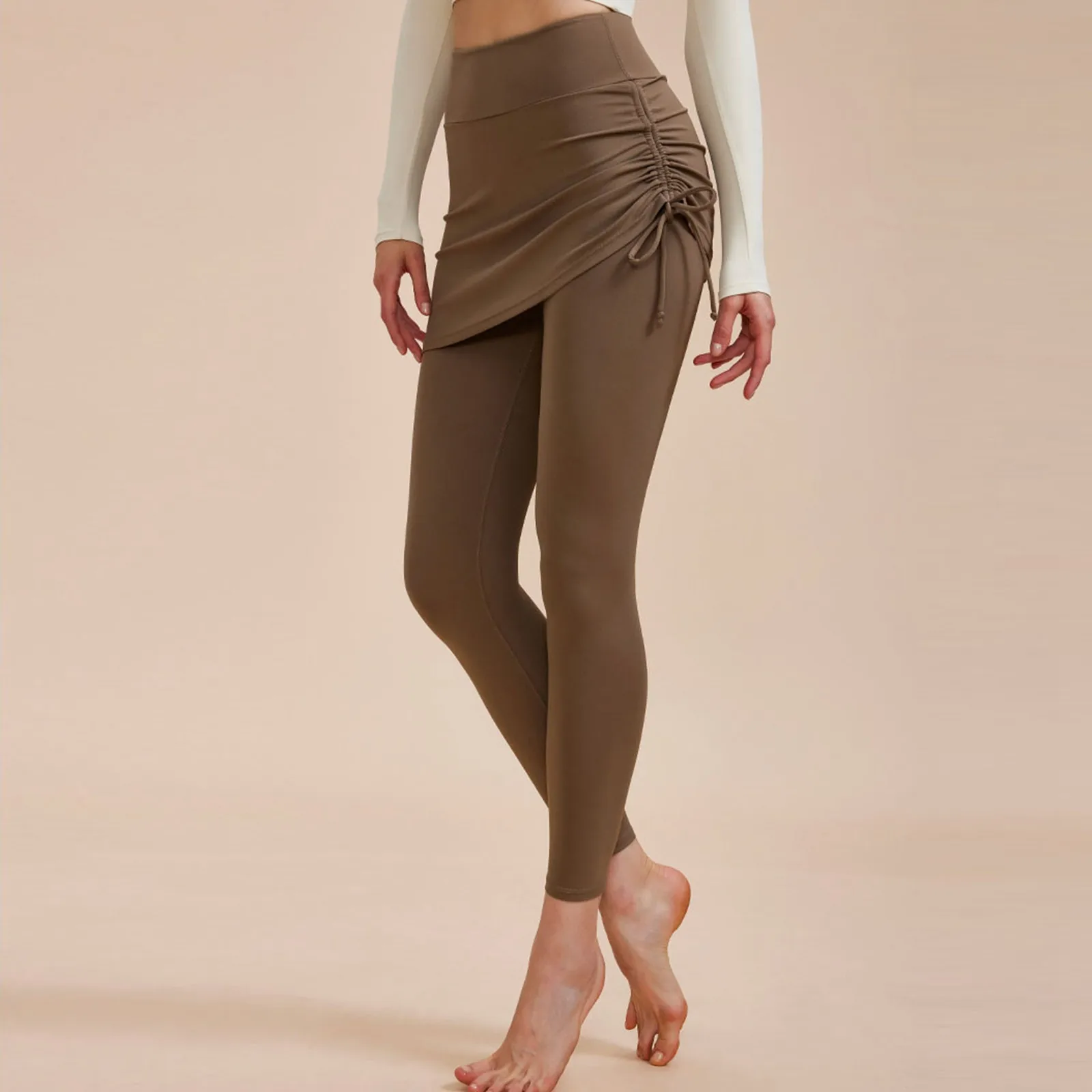 Pantalones de Yoga intermitentes falsos de dos piezas para mujer, sensación desnuda, cubierta de cadera, cordón elástico alto, pantalones de Yoga elásticos, plus