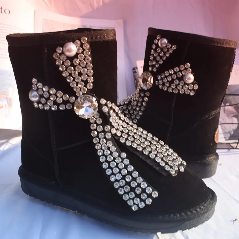 Bling Gem Rhinestone Bow Women Snow Boots Winter Shoes 2023 Fashion Black Cow Suede Warm Plush Fur Casual Flat Ankle Booties