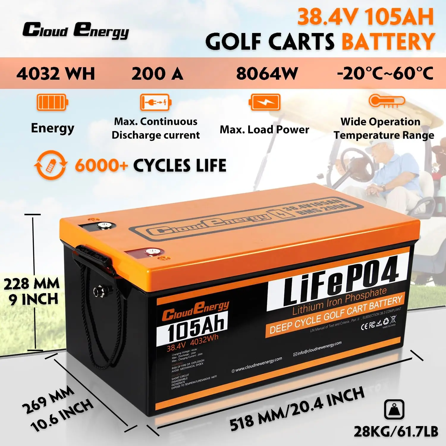 36V(38.4V)LiFePO4Golf Cart Battery Built-in 200A Bluetooth BMS with 20ACharger Touch Monitor 6000+ Cycles Perfect for Golf Carts