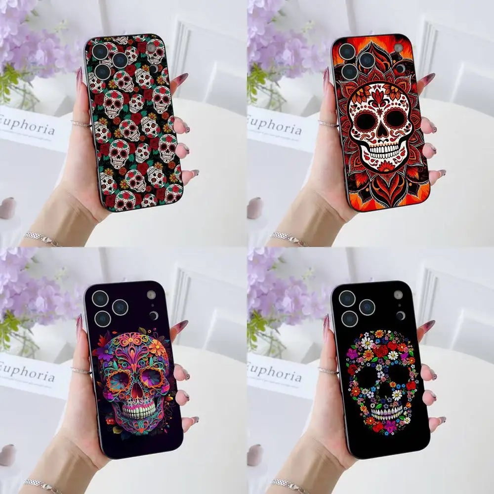 Hübsche mexikanische Catrina-Schädel-Handyhülle für iPhone 17, 16, 15, 14, 13, 12, 11, Pro Max Plus Air Mini, schwarzes Silikon, weich