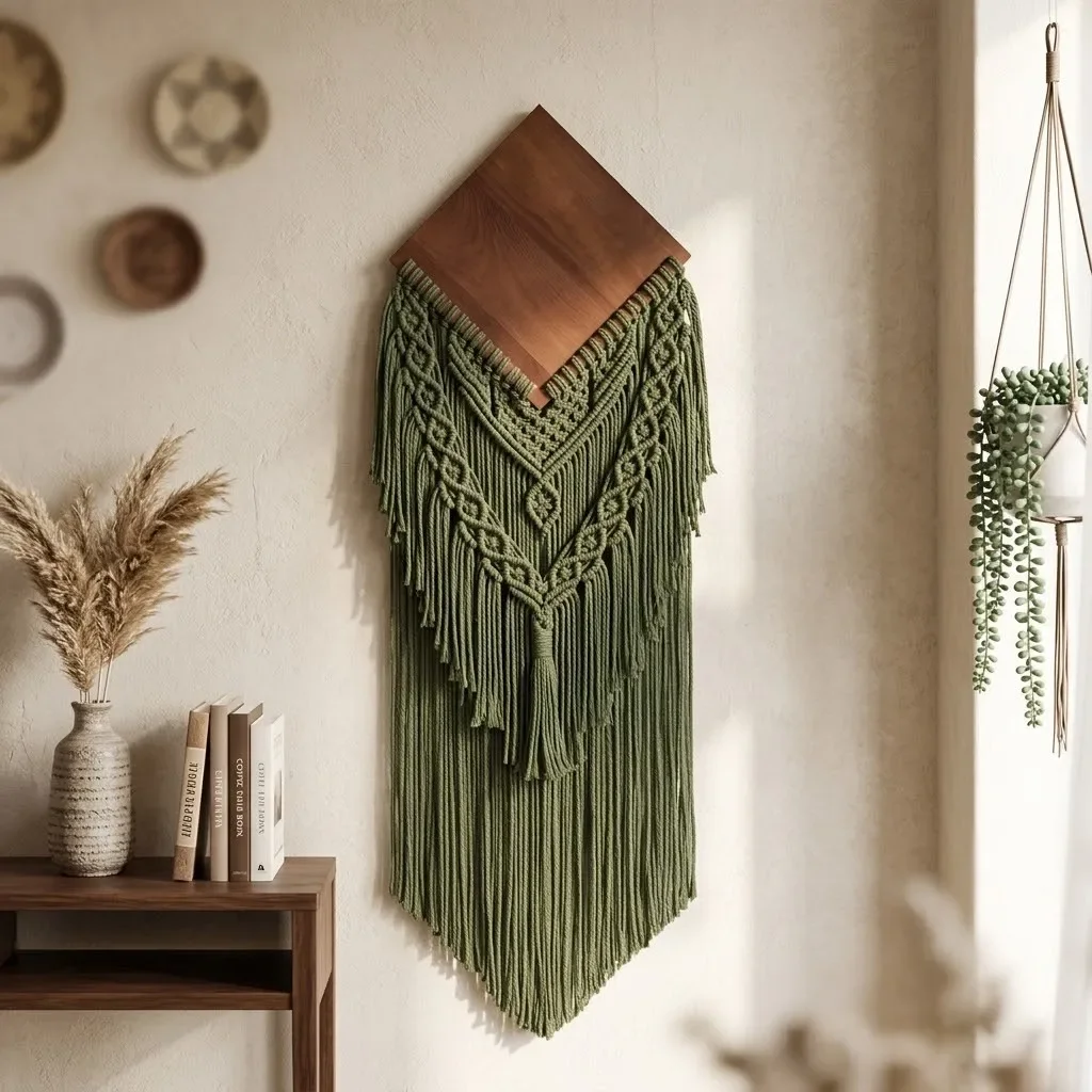 Macrame Wall Hanging Tapestry Cotton Rope Boho Tassel Wood Board Woven Wall Decor Bedroom Hotel Room Decoration