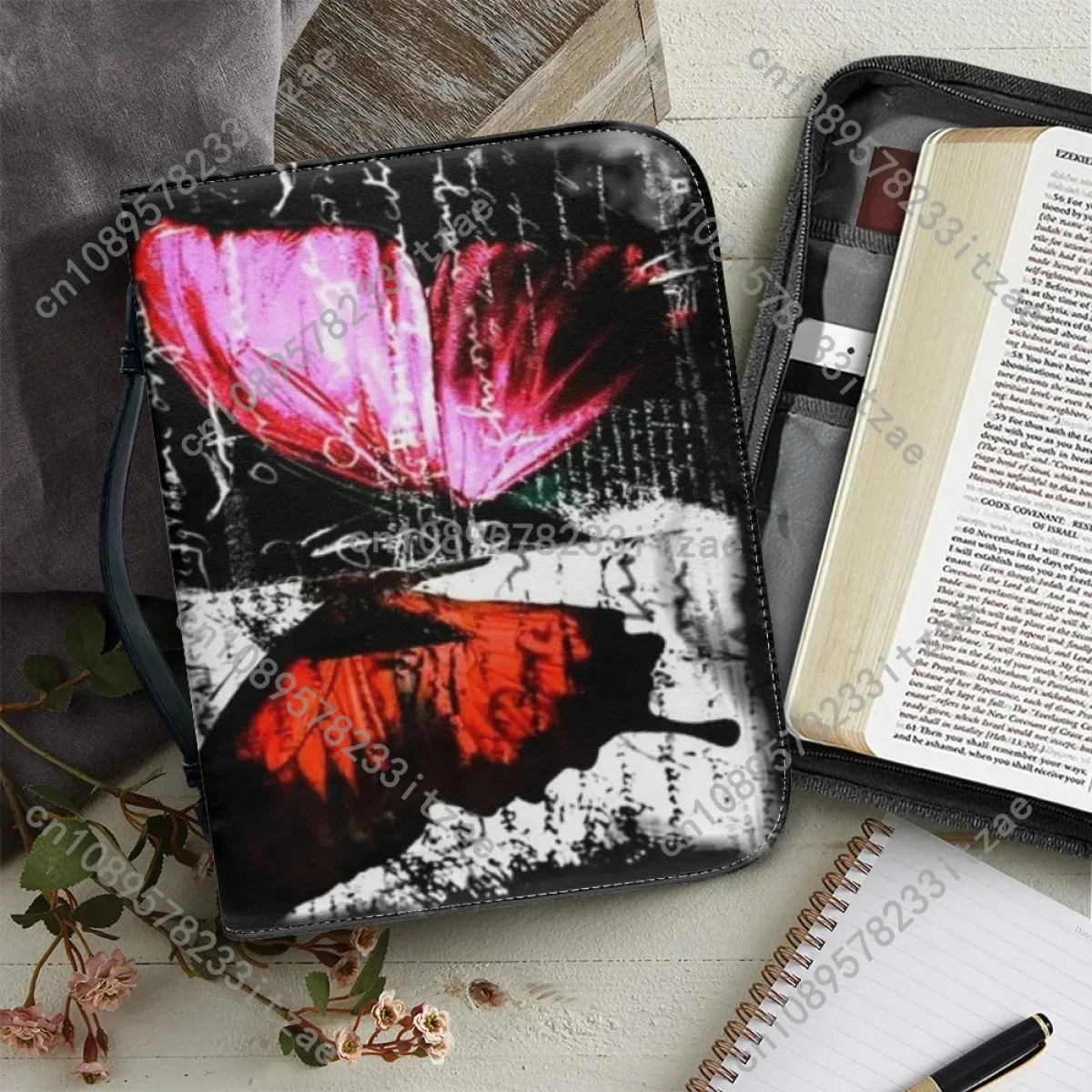 

Trendy Art Butterfly Print Bible Bag for Women Leather Zipper Handle Handbags Practical Bible Storage Bags Custom Christian Bags