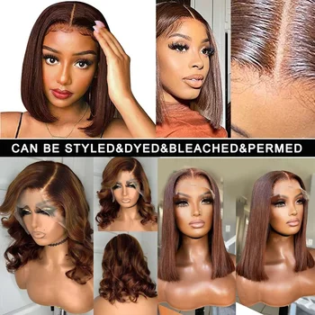 Bone Straight Short Bob Wig Human Hair 300% Density Chocolate Brown Straight Bob Wigs 2x6 HD Lace Wig Human Hair for Black Women - Image 5