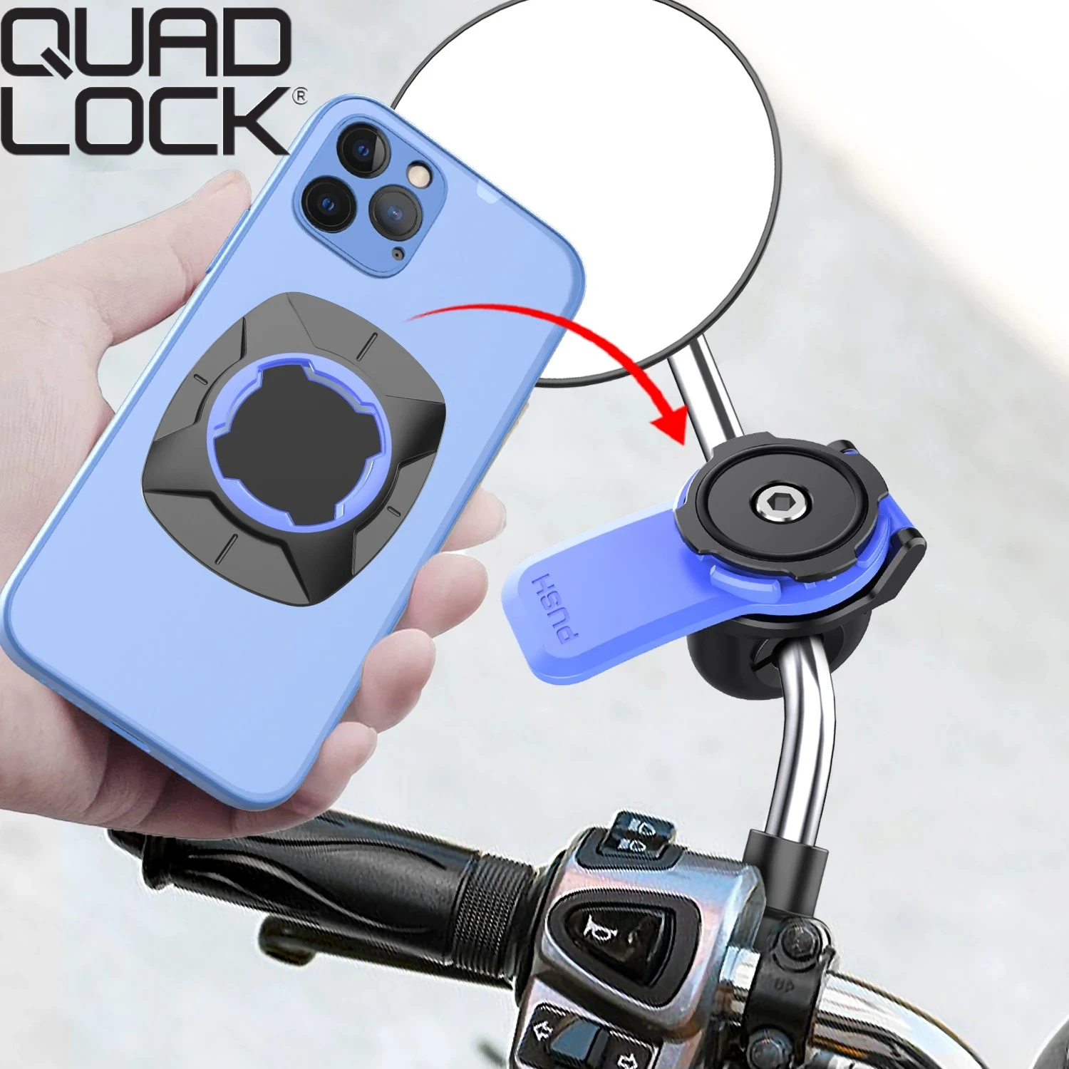 

QUAD LOCK 360°Motorcycle Mirror Phone Mount with Vibration Dampener - Anti-Theft Handlebar Clamp 10-14mm, Fit Bike/Scooter/ATV