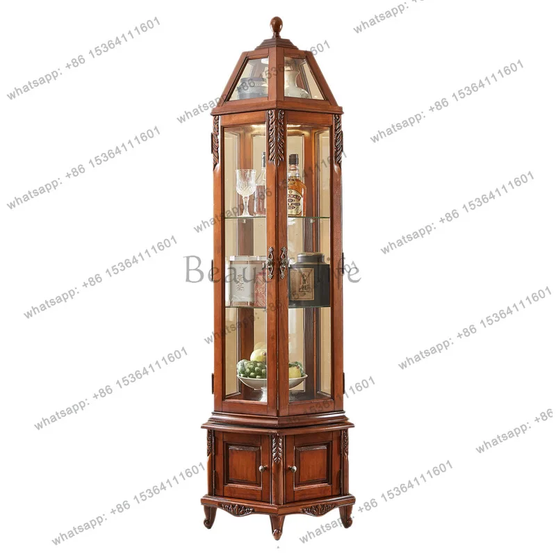 

American retro solid wood 360 ° rotating glass wine cabinet display with lamp storage locker