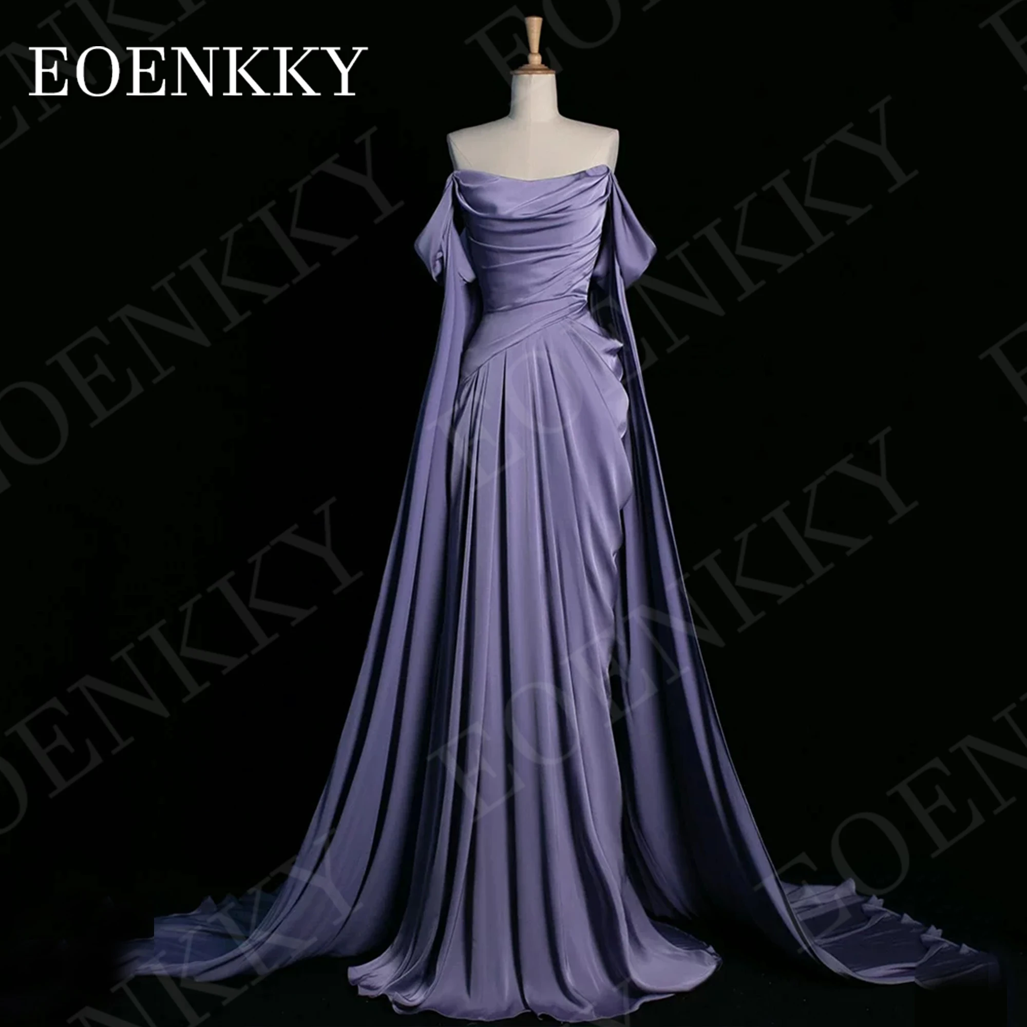 EOENKKY Saudi Arabia Evening Dress Maxi فستان سهرة نسائي Off Shoulder A Line Satin Pleats Formal Occasion Dresses Shawl Sleeves