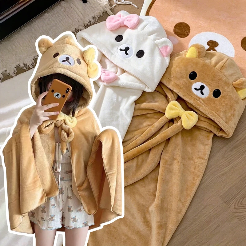 Kawaii Rilakkuma Flannel Air Conditioning Blanket Hooded Cloak Cute Home Office Keep Warm Shawl Sleeping Blanket Christmas Gifts