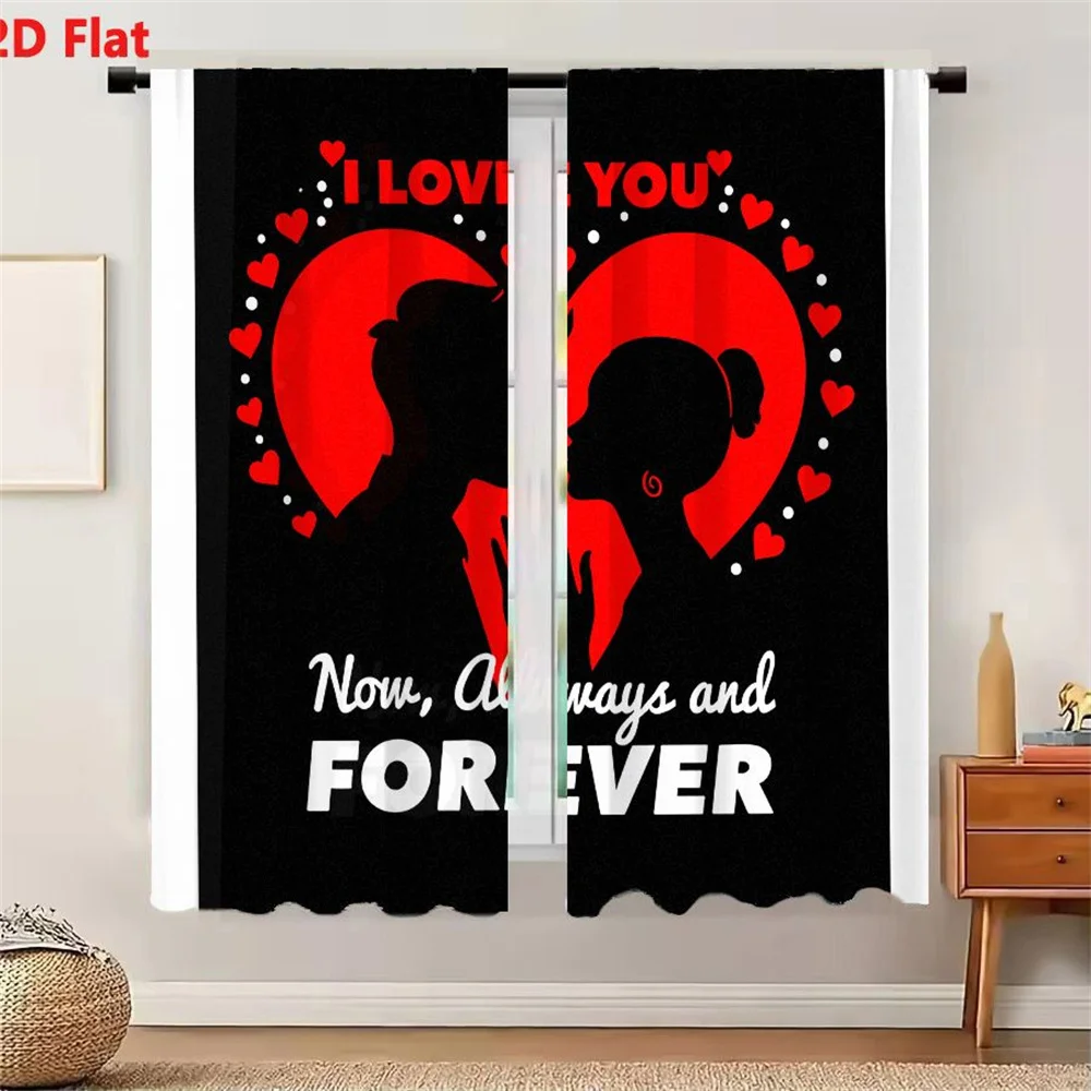 2 Cortinas con Diseño 2D Plano de Pareja Besándose con Silueta de Corazón Romántico 'TE AMO', 'SIEMPRE Y PARA SIEMPRE', para Ventana de Dormitorio