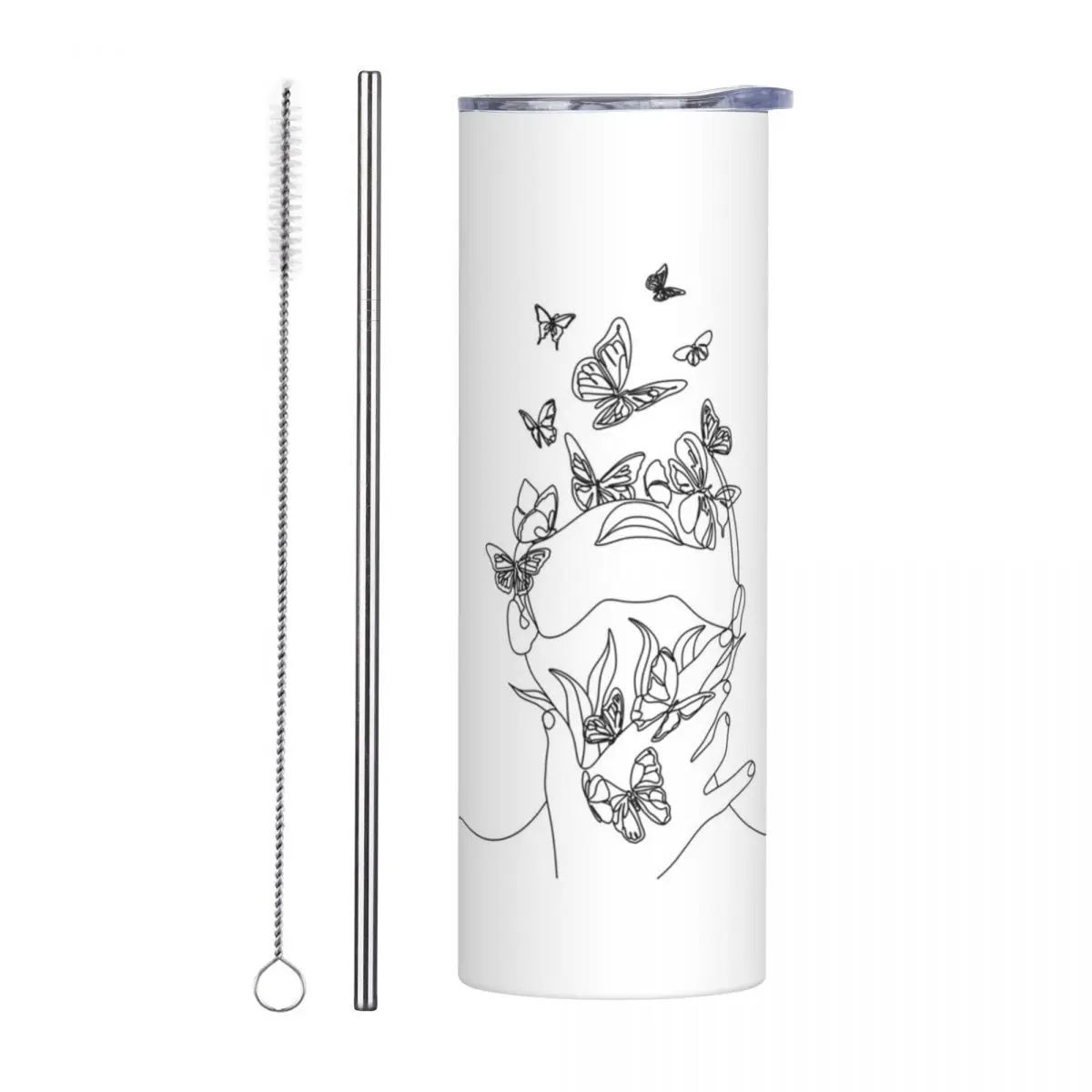Abstract Face With Butterfly By One Line Drawing Stainless Steel Tumbler Insulated Mugs Thermal Cold Cups Straws With Lid 20oz