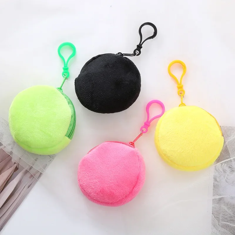 Solid Plush Round Coin Purse Women\'s Cute Wallet ID Card Bag Keychain Minimalist Coin Bag Kawaii Wallets for Women