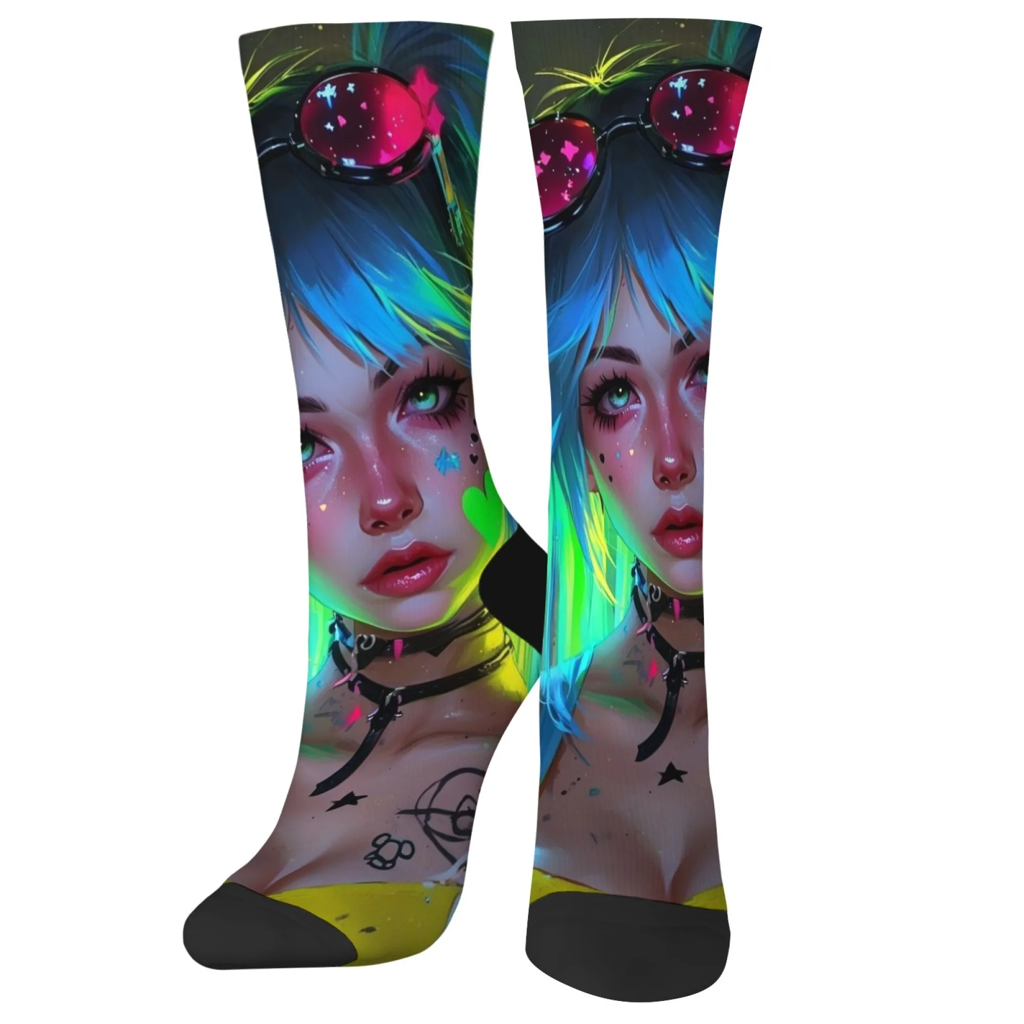جوارب نيون مريحة جاهزة للحفلات بقاعدة فضية معدنية مع لامعة باللون الأزرق والأخضر للنساء بحواف نيون سماوية احتفالية لـ Cyberpunk Raves