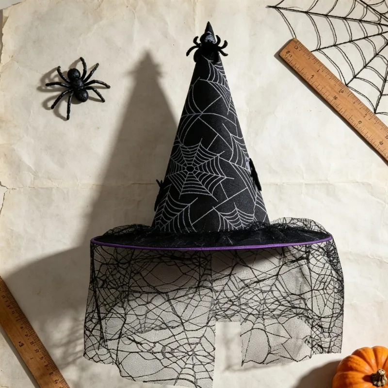 Halloween Colored Witch Hat with Black Mesh Three-dimensional Spider Decoration Pointed Wizard Hat Adult Makeup Ball Party Props