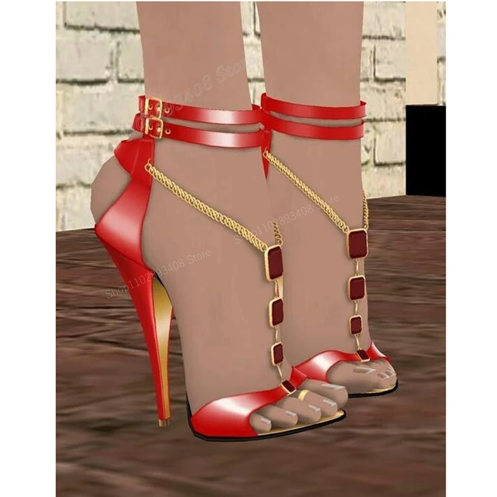 Cristais vermelhos T-Strap sandálias ocas para mulheres, stiletto peep toe, salto alto, cintos de fivela, sapatos sensuais, verão, 2022