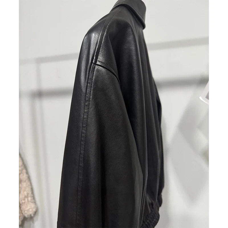 الخريف ملابس حريمي الإناث المستوردة الخضار المدبوغة طبقة علوية جلد الغنم الأسود تنوعا قصيرة معطف جلد نحيف Bomber سترة #5