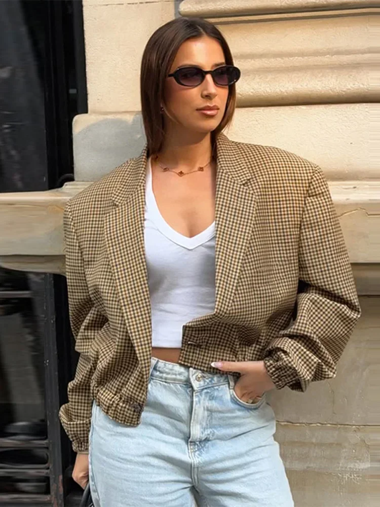 

Vintage Plaid Short Jackets Women Pleated Lantern Sleeve Turn-down Collar One Button Blazer Coats 2025 Autumn Chic Lady Outwears