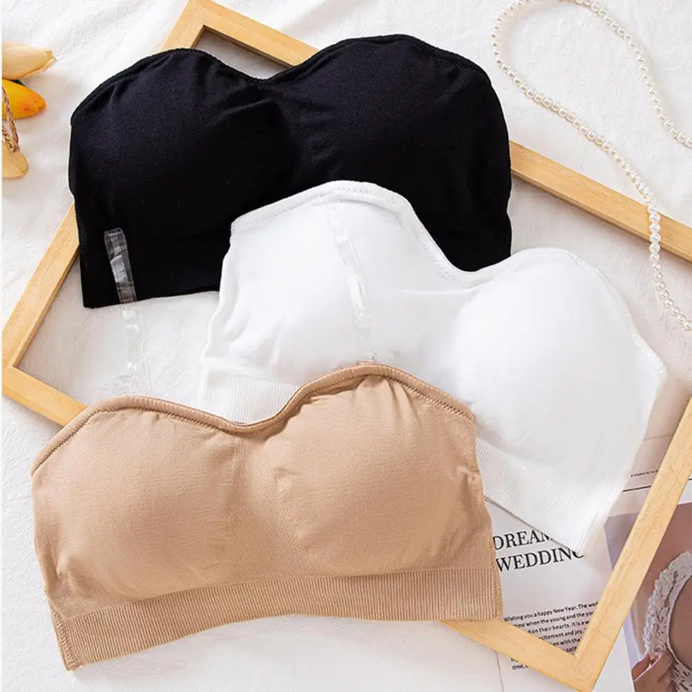 Women Invisible Tube Top Bra Strapless Wireless Anti-slip Silicone Push Up Anti-exposure Solid Color Elastic Lady Bandeau Bra Wo