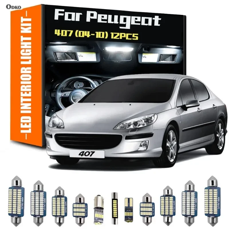 

Для Peugeot 407 2004-2010: Комплект из 12 светодиодных ламп для салона, багажника и номерного знака (для хэтчбеков и седанов), сигнальные лампы, автомобильное освещение