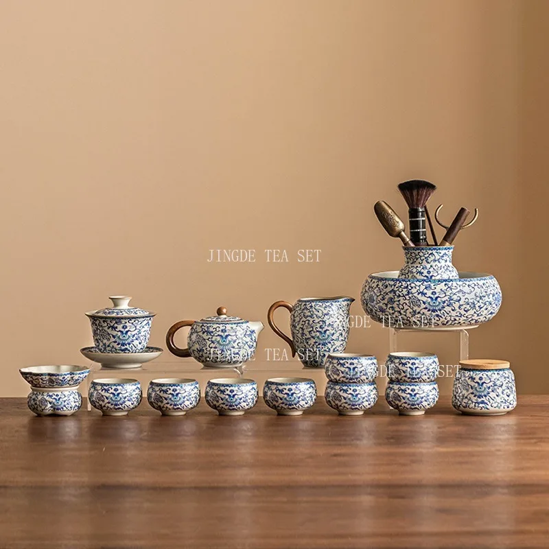 Ru Kiln Gongfu Tea Set, Interlocking Lotus Ceramic Teaware Kit with Teapot, Gaiwan, Tea Cups, Fair Pitcher Tea Canister