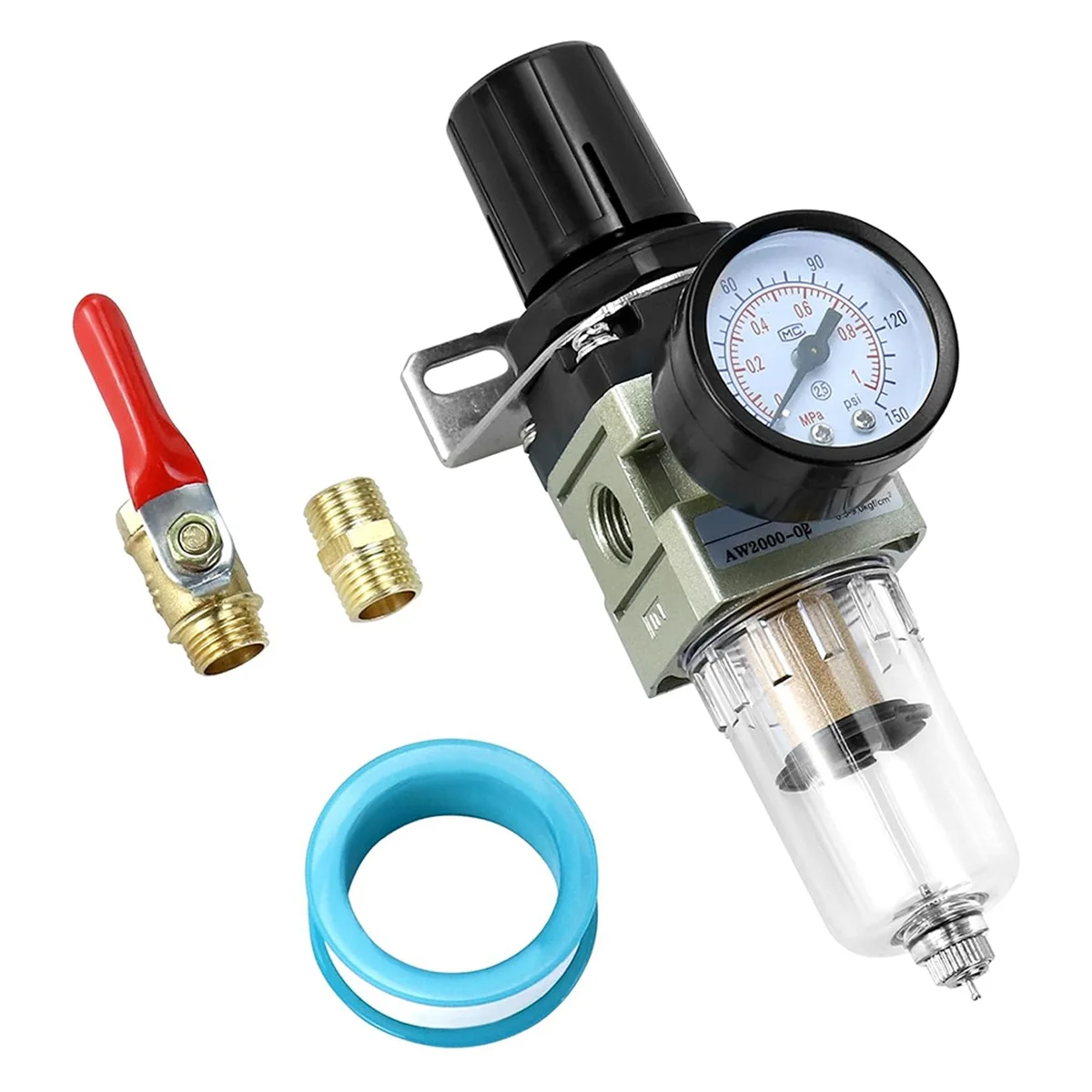 1/4 Inch Air Compressor Filter Regulator Combo AW2000-02 - Brass Elements, 150 PSI Max Pressure, Compact Design