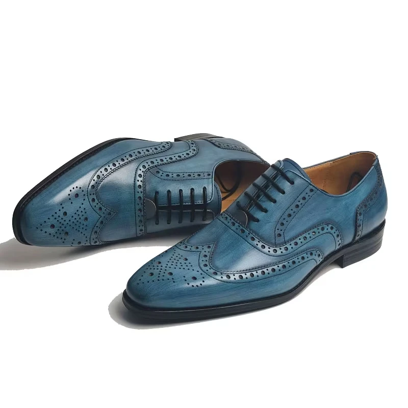 High Quality Arrival Lace up Brogue Shoe for Men Elegant Comfortable Genuine Leather Pointed Toe Blue Business Social Dress Shoe - Image 2