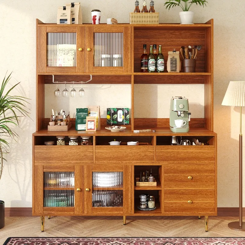 Armoire haute de restaurant moderne avec porte en verre Changhong, design minimaliste en grain de bois avec accents dorés, casier à vin intégré, buffet de rangement multi-niveaux avec tiroirs et étagères ouvertes, construction en MDF durable, vitrine élégante pour salle à manger, K