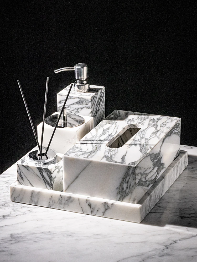 

Arabescato Corchia Natural Marble Bathroom Accessories Set Soap Dish Soap Dispenser Reed Diffuser Vanity Tray Bathroom Set