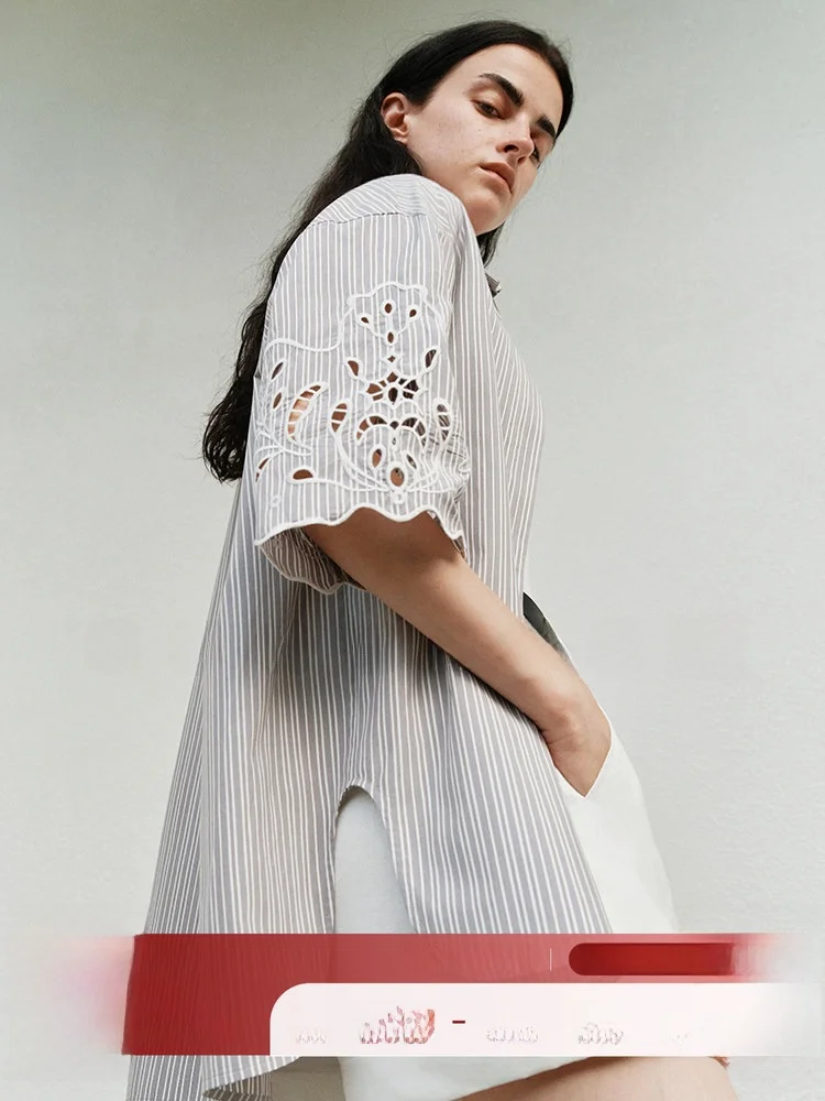 

Женская полосатая блузка COOBLOOM с коротким рукавом, летний дизайн, с вышивкой и вырезами, модная, с воротником, свободного кроя