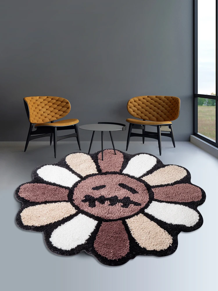 Tufted Rug Smiling Face Vintage Flower Art Rug for Living Room Bedroom Retro Rainbow Fluffy Bathroom Rug Nonslip Mat Home Decor