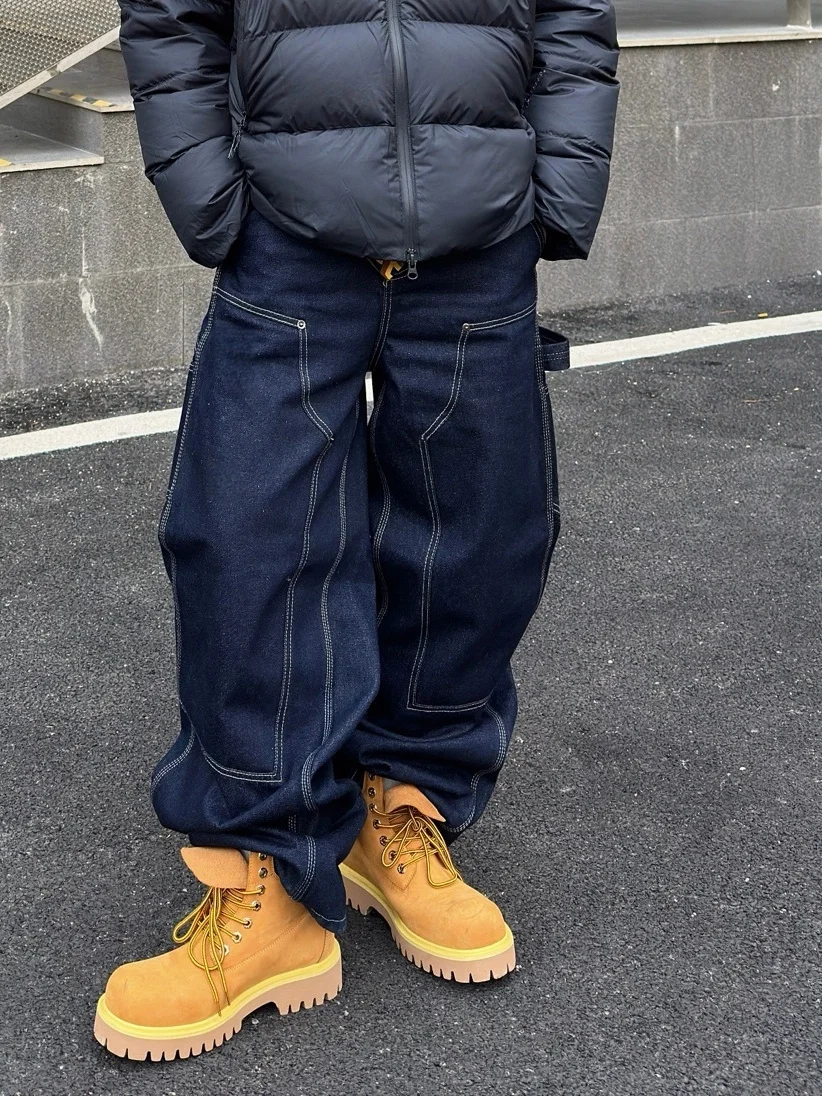 

Мужские свободные джинсы American Sle с широкими штанинами, темно-синие, с заклепками, прямого кроя, винтажные, повседневные брюки