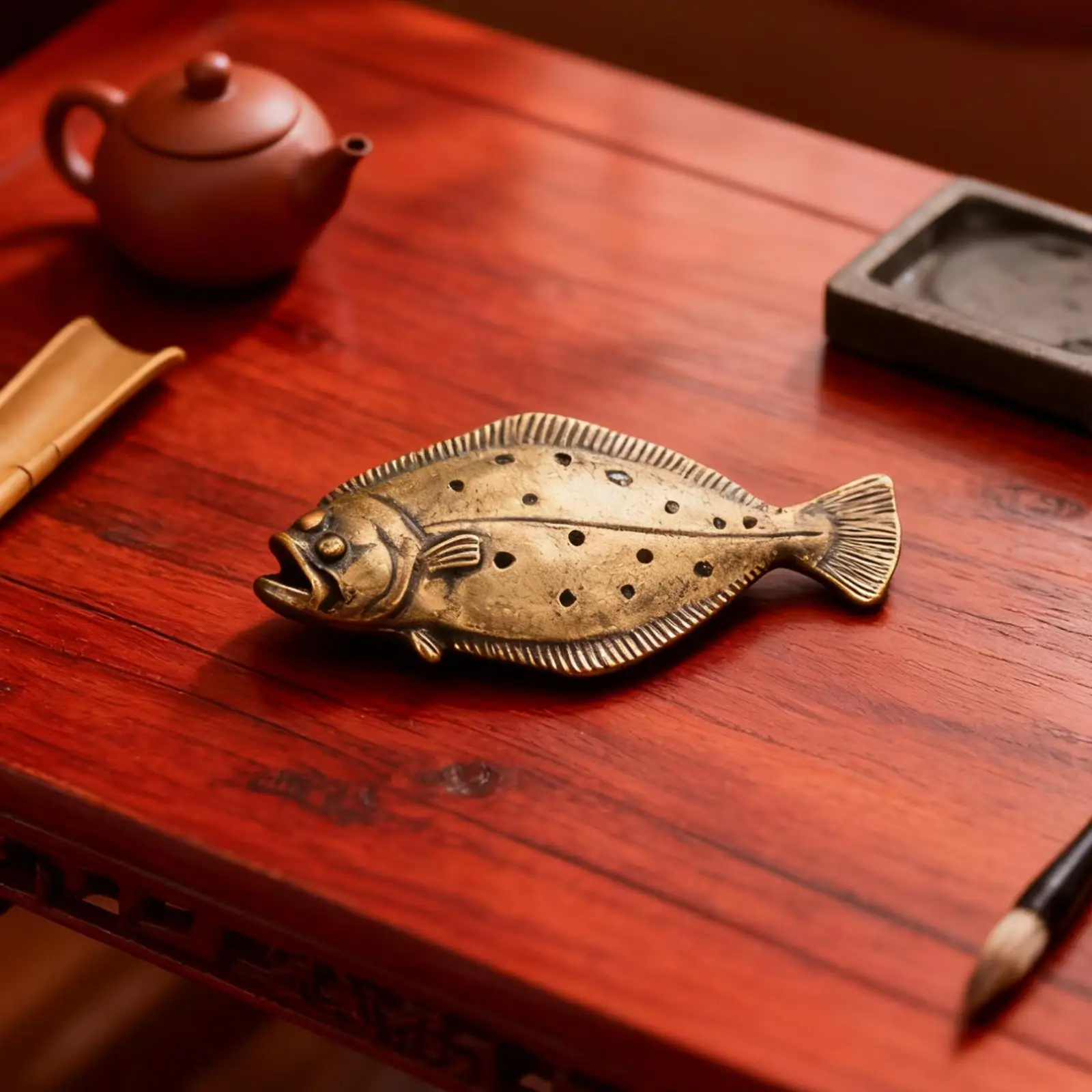 

Artistic Brass Flatfish Statue Craft Retro Desktop Ornament Fengshui Figurine Wealth Art Collectible Biomimetic Marine Animals