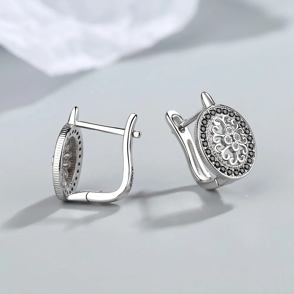Classic Silver Color Oval Black Trendy Spinel Engagement Hoop Earrings for Women Jewelry Bijoux